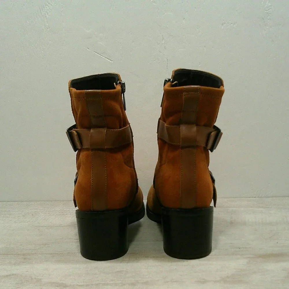 Donald Pliner Darby Suede Leather Ankle Boots Saddle Brown Buckle Size 7.5 M